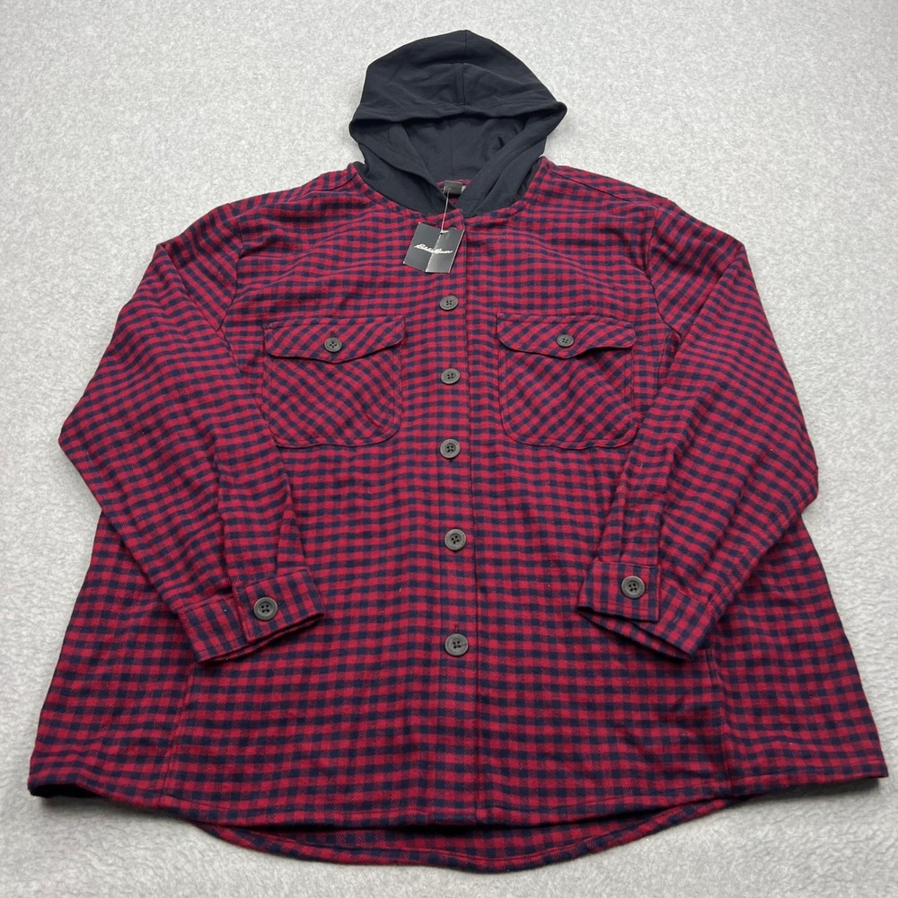NEW Eddie Bauer Flannel Hoodie Shirt Women's XXL Wine Red Plaid Hooded Button Up